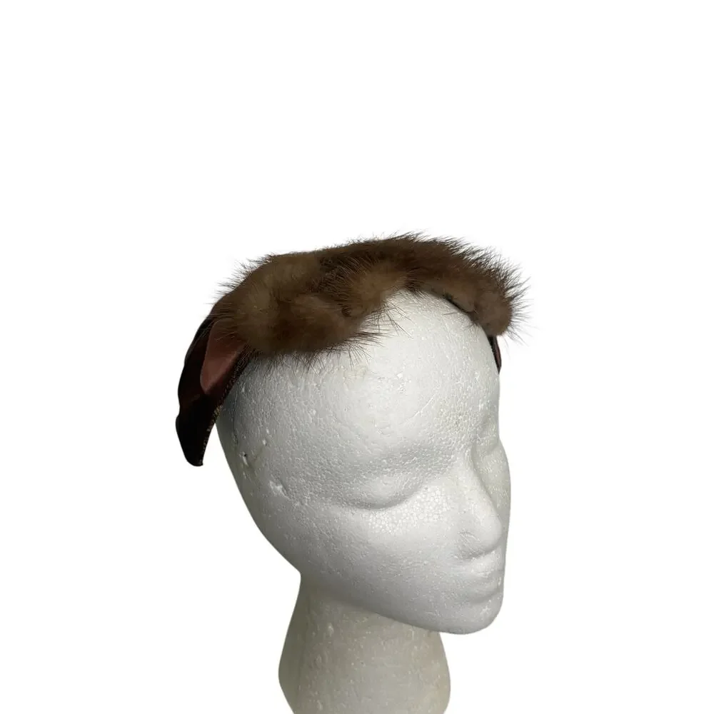 1940s Mink Fur Satin Fascinator Hat Brown Vintage Mob Cap Pinup Retro - Picture 7 of 8